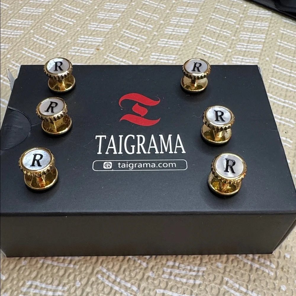 Taigrama Gold and Black Monogram “R” Tuxedo Studs set of 6
